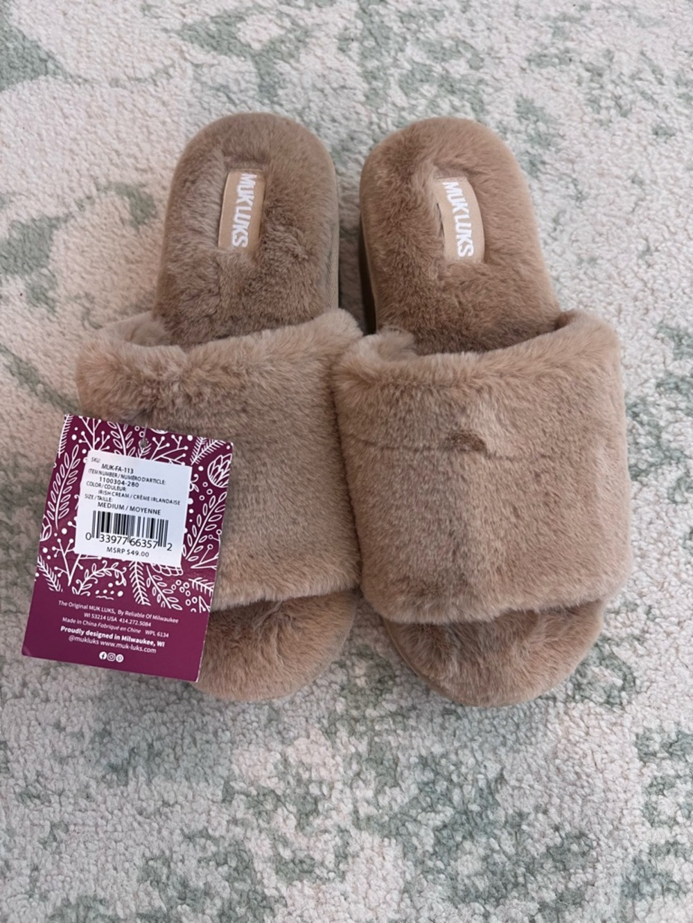 Muk Luks Plush Slide Slippers in Taupe Brown
